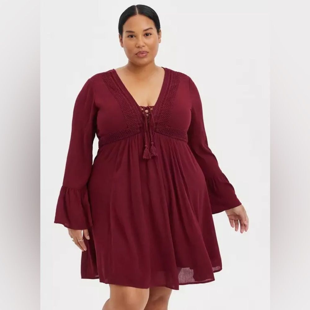 Torrid Mini Gauze Lace-Up Skater Dress Size 1/1X Zinfandel